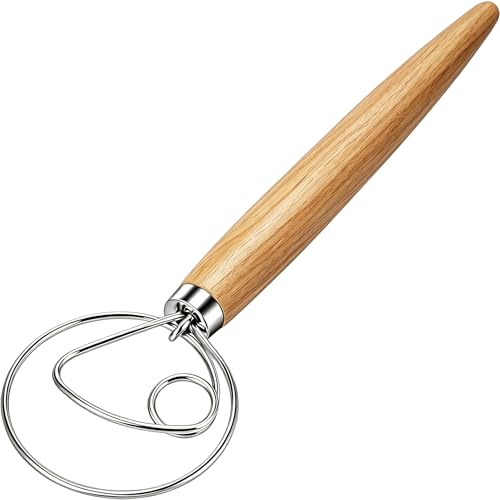 Danish Dough Whisk Stainless Steel Wood Handle for Sourdough Bread (Silver)