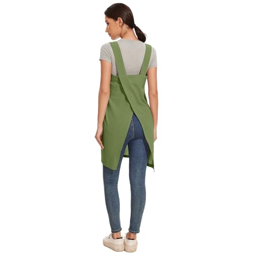 Women Cotton Linen Apron with 2 Pockets Kitchen Baking Cooking Chef Cross Back Pinafore Dress for Work Restaurant Gardening (3X-Large / Leaf Green)