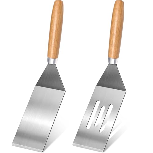2Pc Stainless Steel Mini Spatula Wooden Handles Cooking Baking Serving (1PC SOLID+1PC SLOTTED)