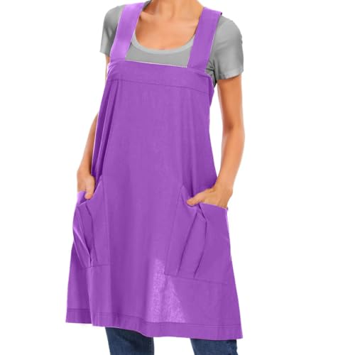 Women's Cotton Cross Back Apron Pinafore Dress with Big Pockets Loose Square Apron for Baking Cooking Gardening (Purple / Large)