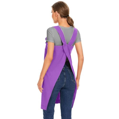 Women's Cotton Cross Back Apron Pinafore Dress with Big Pockets Loose Square Apron for Baking Cooking Gardening (Purple / Large)