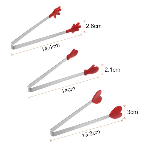 Mini Food Tongs 5.5" Pattern Shape Stainless Steel with Silicon Tips Small Cooking Tongs Kitchen Food Tongs Serving Tongs for Cooking Grilling BBQ Barbecue Kitchen (Red)