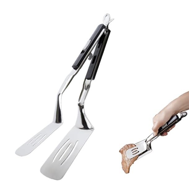Kitchen Cooking Tongs 11.6 inch 304 Stainless Steel Grill Clamp Spatula for Flipping Bread Steak Fish Toast (Black)