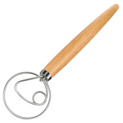 Danish Dough Whisk Dutch Bread Mixer Stainless Steel Hook Wooden Handle Baking Tools for Sourdough Pizza Pastry Cake Batter Making (White Wax Wood-1K / 1 Pack)