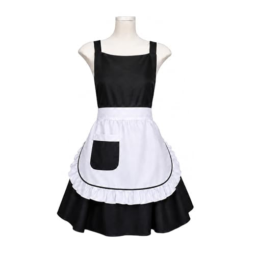 Women’s Black and White Maid Apron with Pocket Vintage Ruffle Pinafore Kitchen Cooking Cleaning Costume Apron for Restaurant Cafe (Black White Ruffle)