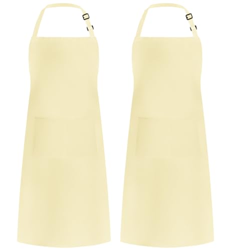 2 Pack Adjustable Bib Apron Waterdrop Resistant with 2 Pockets Cooking Kitchen Aprons for Women Men Chef (Cream / 2 Polyester)