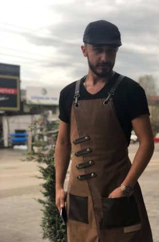 Apron for Women and Men Waterproof Canvas Extra Pocket for Chef Barista Gardening BBQ Grilling Crossback Unisex (Black Brown)
