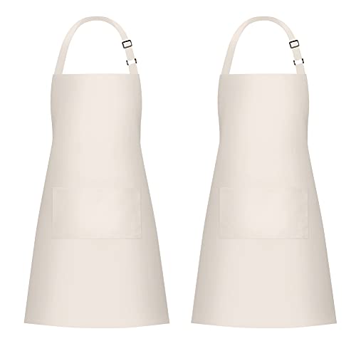 2 Pack 100% Cotton Aprons with 2 Pockets Cooking Chef Kitchen Adjustable Bib Apron for Women Men (Beige)