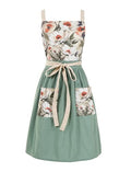 Vintage Pinafore Apron Dress for Women with Pockets Cute Floral Chef Aprons for Kitchen Cooking Baking Gardening (Sage Green)