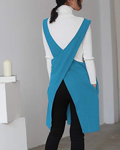Soft Cotton Linen Apron Solid Color Halter Cross Bandage Aprons Japan Japanese Style X Shape Kitchen Cooking Clothes Gift for Women Chef Housewarming (Sky Blue)