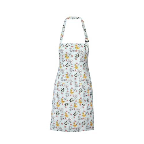 Floral Apron for Women with Pockets Cotton Canvas Waterproof Apron Cooking Baking Painting Gift (Grey)