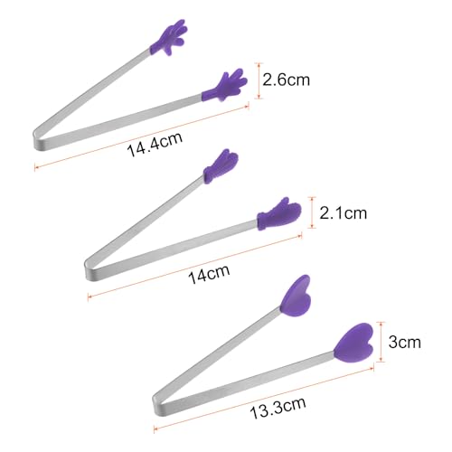 Mini Food Tongs 5.5" Pattern Shape Stainless Steel with Silicon Tips Small Cooking Tongs Kitchen Food Tongs Serving Tongs for Cooking Grilling BBQ Barbecue Kitchen (Purple)
