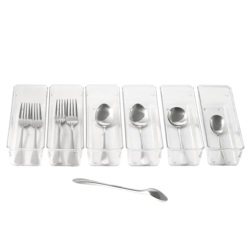 6 Set Clear Plastic Junk Drawer Organizer Vanity Curlery Utensil Makeups Organizer for Kitchen 9''X 3'' (6 Pack 9"x3" Clear Plastic)