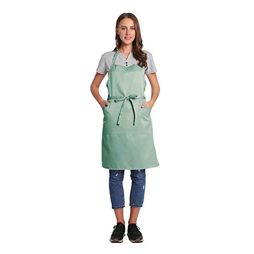 Adjustable Bib Apron with Pocket Extra Long Ties for Women Men (Gossamer Green)
