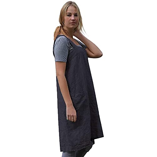 Women's Cross Back Pinafore Apron with Large Pockets Home Kitchen (Large / Dark Gray)