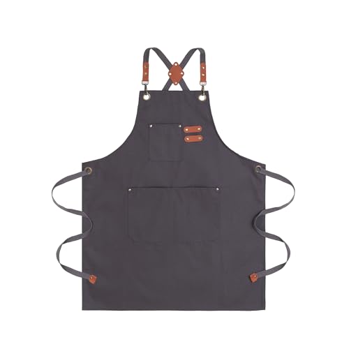 Chef Aprons for Men Canvas Apron with Large Pockets and Adjustable Neck Strap for Cooking (Grey)