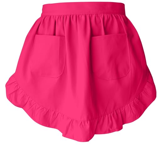Women’s Waist Aprons with White Pockets Half Server Home Waitress Vintage Servant Apron for Kitchen Cooking (Dark Pink)