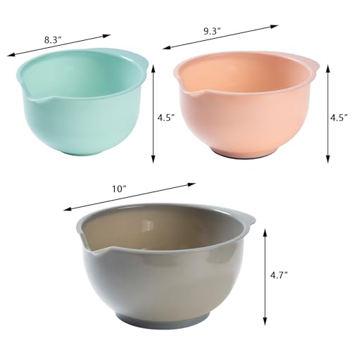 Set of 3 Mixing Bowls with Pour Spout (Green Pink Grey)