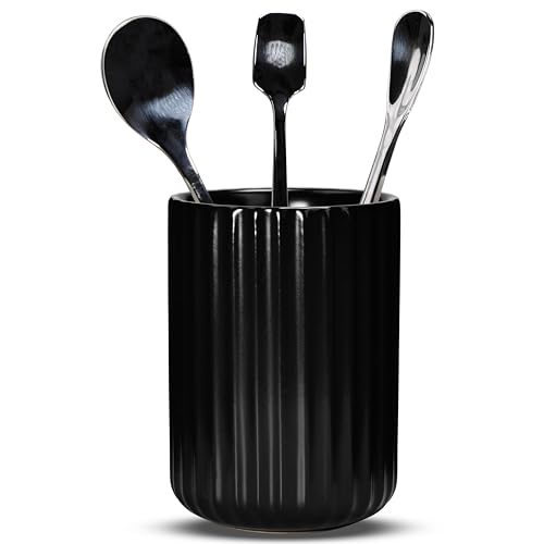 Ceramic Spoon Holder for Coffee Bar (Black Fluted Surface)