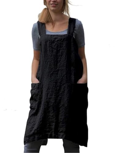 Women's Cotton Cross Back Pinafore with Big Pockets Practical Aprons for Gardening Works (Small / Black)