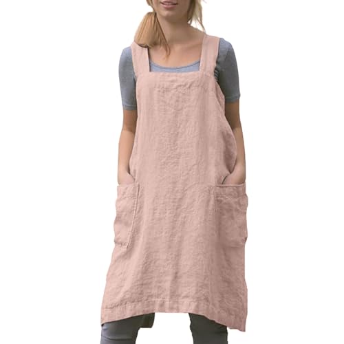Women Cotton Linen Apron with 2 Pockets Kitchen Baking Cooking Chef Cross Back Pinafore Dress for Work Restaurant Gardening (Small / Pink)