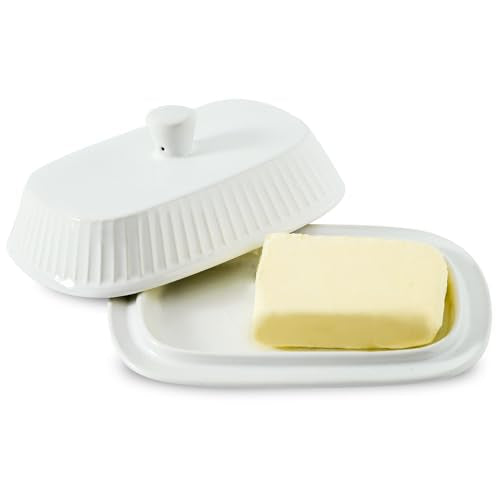 Hansense Porcelain Butter Dish with Lid for Countertop (Pure White)