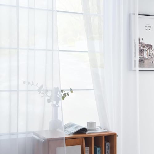 Solid Sheer Rod Pocket Curtain Voile Draperies 2 Panels White Beige Black Grey Coffee 60 Inch Width 108 Inch Long 1 Pair for Kitchen Bedroom Children Living Room Yard (White / 60"W x 108"L (Pack of 2))