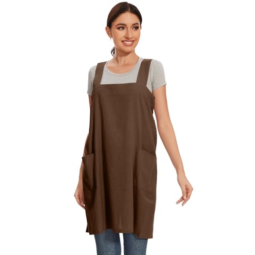 Women Apron with 2 Pockets Cotton Linen Kitchen Baking Cooking Chef Cross Back Pinafore Dress for Work Restaurant Gardening (Large / Brown)