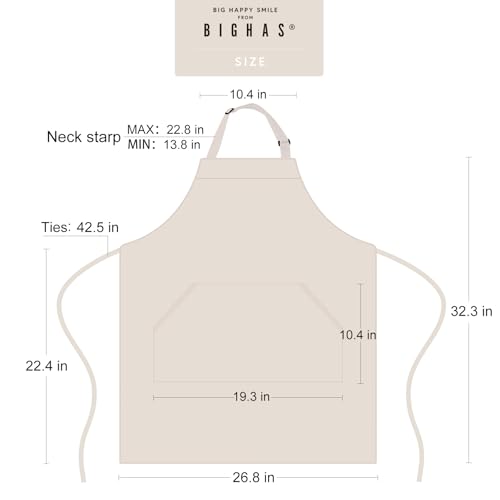 Adjustable Bib Apron with Pocket Extra Long Ties for Women Men (Beige)