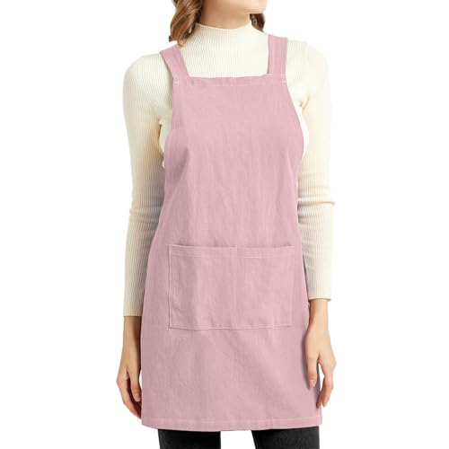 Aprons for Women with Pockets Unisex Comfort Cross Back No Tie Cotton Linen Apron Pinafore for Cooking Painting Floral Arrangement Gardening Cleaning Pink (Pink / Large)