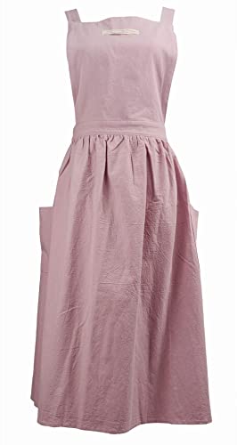 Women Girls Vintage Apron Adjustable Gardening Works Cross Back Cotton (Lightpink / Large)