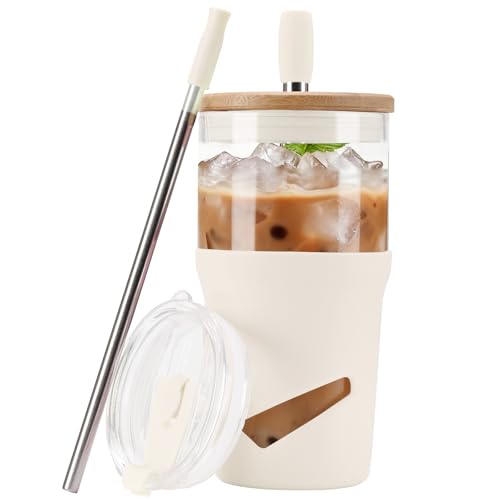 Glass Tumbler with Lids and Straws (20 Ounces / White)