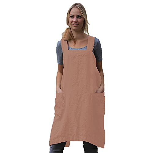 Women's Cross Back Pinafore Apron with Large Pockets Home Kitchen (X-Large / Salmon Pink)