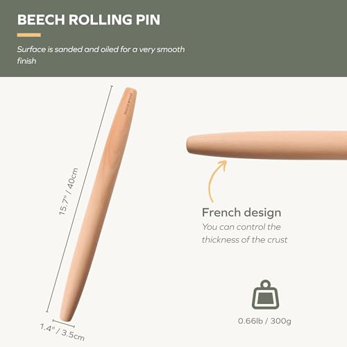Wooden Rolling Pin for Baking (17.5in Beech French Rolling pin)