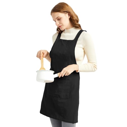 Aprons for Women with Pockets Plus Size Comfort Cross Back No Tie Cotton Linen Apron Pinafore (Black / Medium)