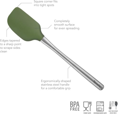 Silicone Cooking Utensil Set of 6 Stainless Steel Handle Ladle Slotted Turner Tongs Flex Core Spatula Scraper Mixing Spoon & Potato Masher (Pesto)