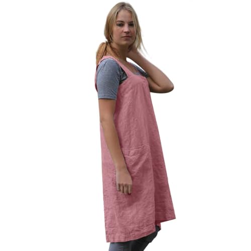 Women's Pinafore Square Apron Baking Cooking Gardening Works Cross Back Cotton (Small / Red Bean Pink)