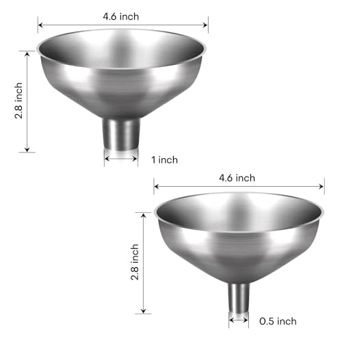 2 Pack Stainless Steel Kitchen Funnel Set (4.5"W x 0.5" Mouth + 4.5"W x 1" Mouth)