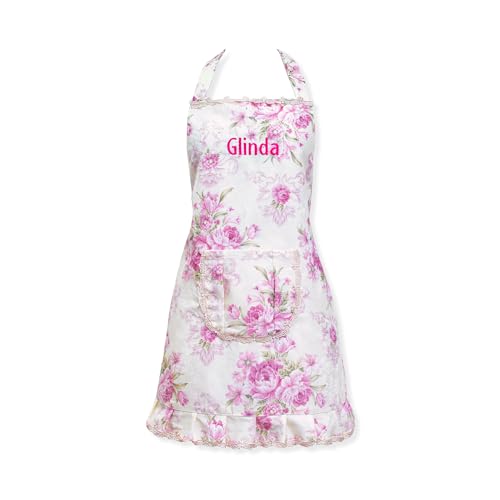Kitchen Aprons for Women Personalized Vintage Rose Floral Aprons with Lace Ruffle & 2 Pockets Cute Apron Dress Cooking Gradening Painting Linen Cotton Aprons Gift for Mom Wife Sister Grandma (Purple)