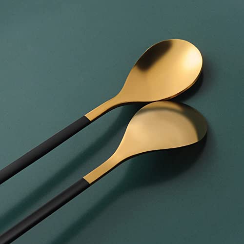6 Piece Elegant Black & Gold Leaf Long Handle Teaspoons (Black & Gold)