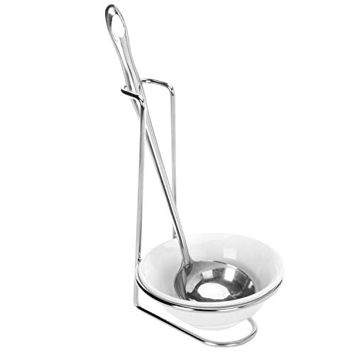 White Ceramic Ladle Holder Spoon Rest with Stainless Steel Stand (White / Single)