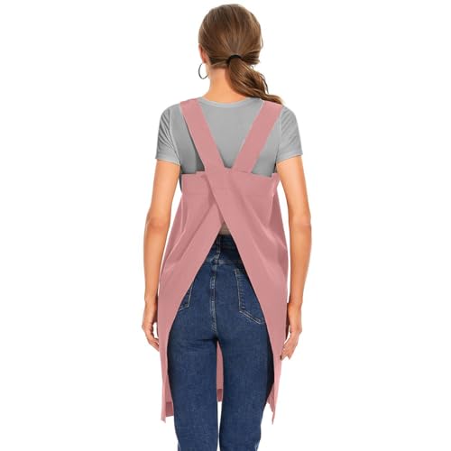 Women's Cotton Cross Back Apron Pinafore Dress with Big Pockets Loose Square Apron for Baking Cooking Gardening (Pink / Small)