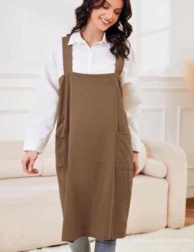 Women's Cotton Cross Back Pinafore with Big Pockets Practical Aprons for Gardening Works (Medium / Brown)