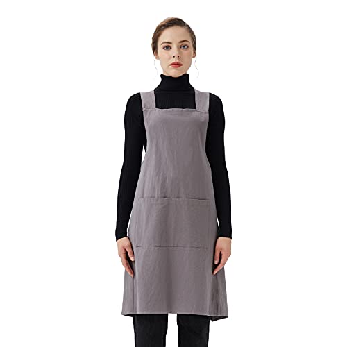 Cotton Linen Cross Back Aprons Solid Color Unisex Pinafore Vintage Apron Japanese Style with 2 Pockets for Kitchen Cooking Baking Painting Gardening Cleaning for Women Men (Grey)