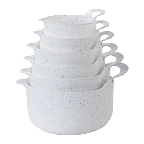 Nesting Plastic Mixing Bowl Set with Pour Spouts and Handles (Speckled White / 6 Piece Non-Slip)