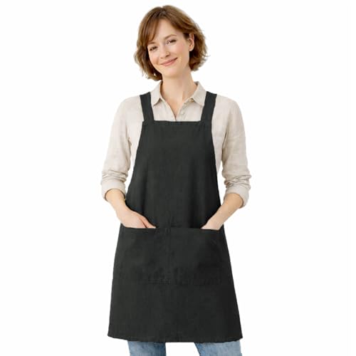 Apron for Women with Pocket Cotton Linen (Black / Small)