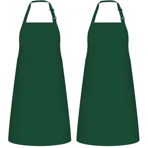2 Pack Kitchen Aprons with 2 Pockets for Women Men (Green)