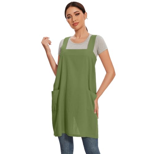 Women Cotton Linen Apron with 2 Pockets Kitchen Baking Cooking Chef Cross Back Pinafore Dress for Work Restaurant Gardening (3X-Large / Leaf Green)