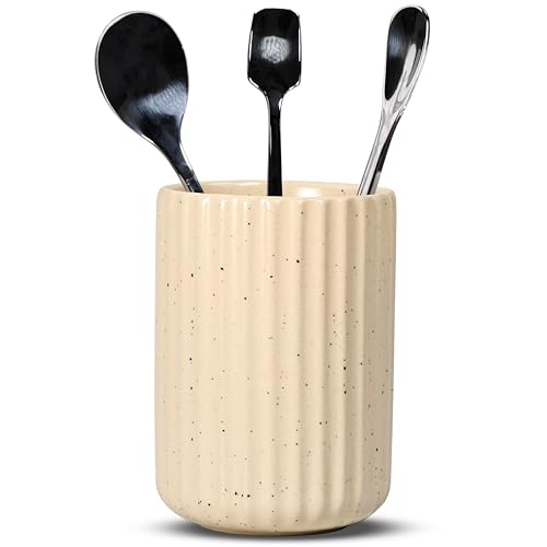 Ceramic Spoon Holder for Coffee Bar (Spotted Beige Fluted Surface)