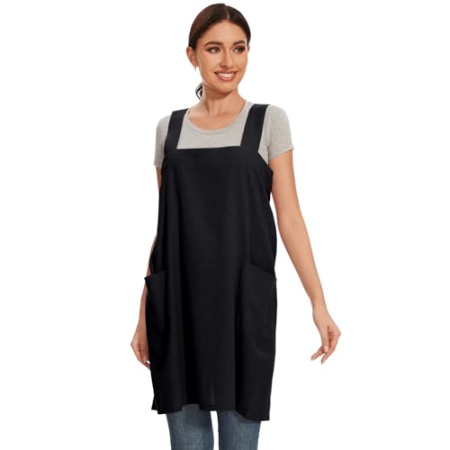 Women Apron with 2 Pockets Cotton Linen Kitchen Baking Cooking Chef Cross Back Pinafore Dress for Work Restaurant Gardening (Small / Black)
